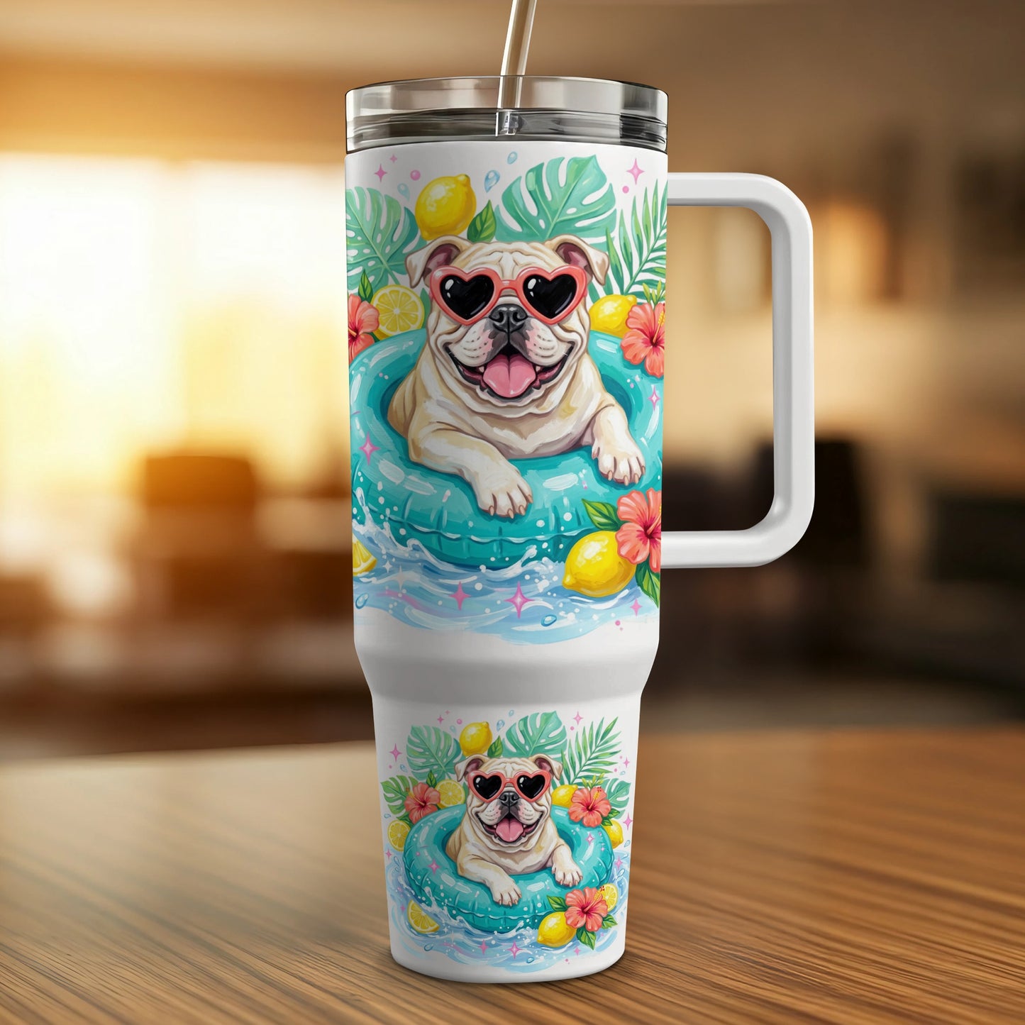 Bulldog in heart sunglasses floats in a pool with lemons and hibiscus flowers.