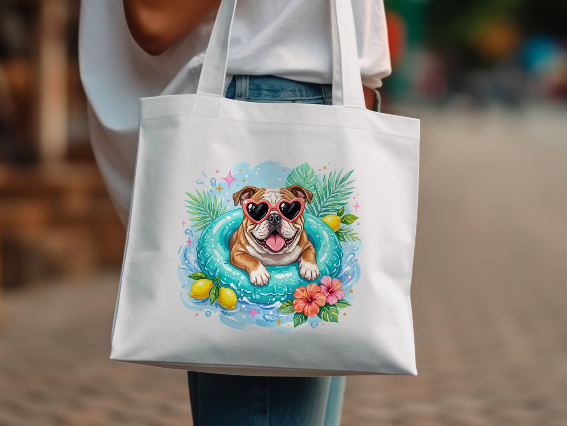 White tote bag with a bulldog in heart sunglasses on an inflatable ring.