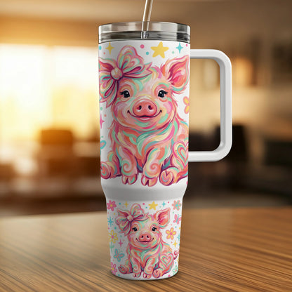 Colorful pig with bow on tumbler with matching smaller design.