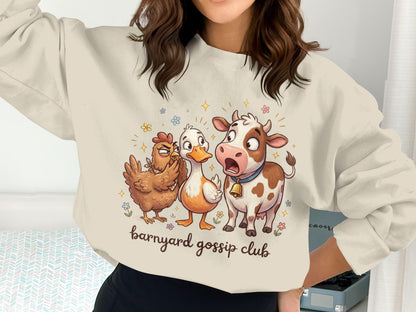Barnyard gossip club illustration with chicken, duck, and cow.