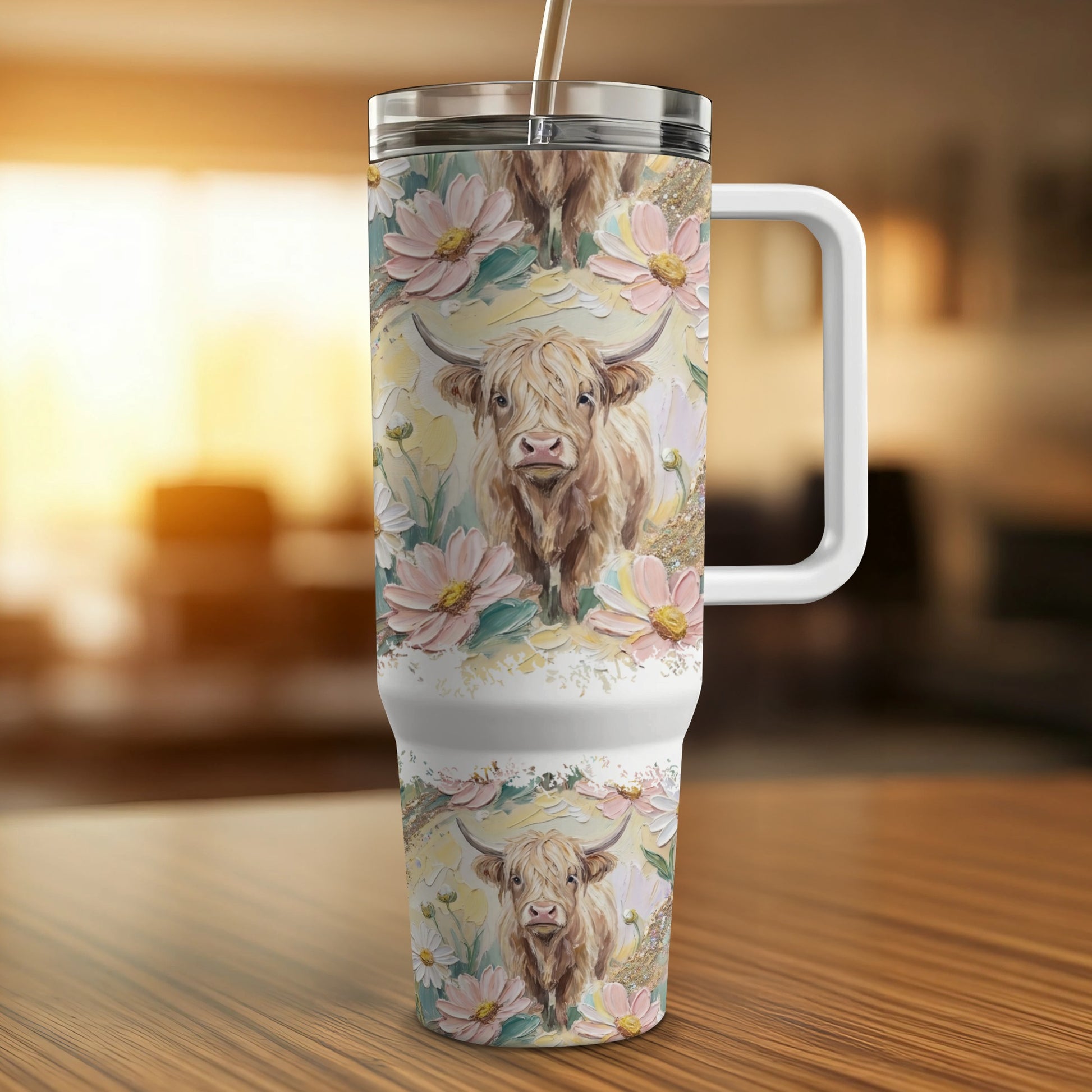 Highland cow and floral design on insulated tumbler with handle.