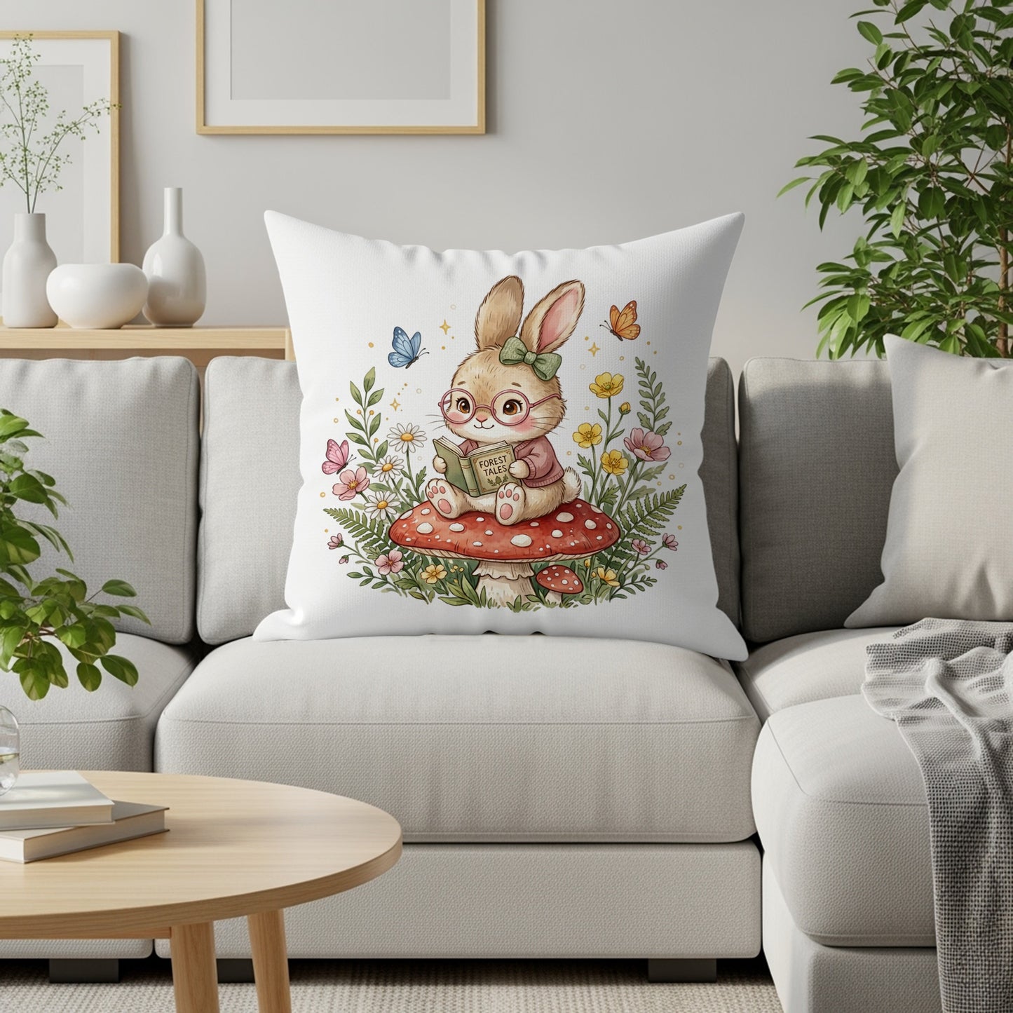 Illustration of a bunny reading on a mushroom surrounded by flowers and butterflies.