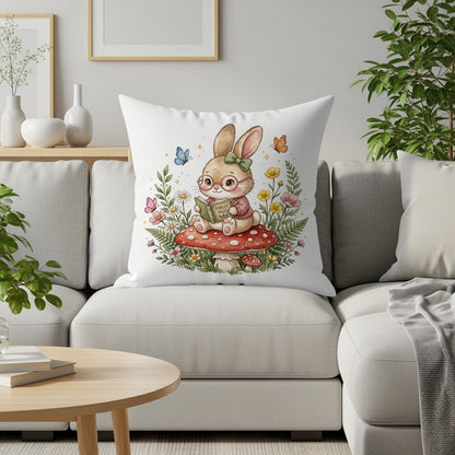 Illustration of a bunny reading on a mushroom surrounded by flowers and butterflies.