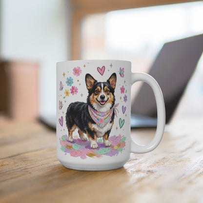 White mug with a watercolor corgi wearing a bandana, surrounded by hearts and butterflies.