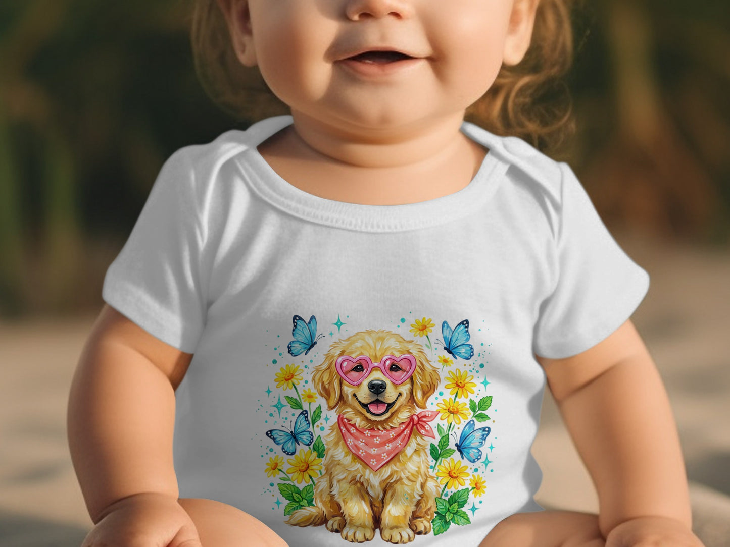 Baby in white onesie with Golden Retriever puppy, hearts, and butterflies graphic.