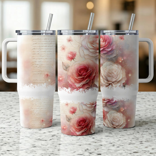 Three tumblers featuring floral designs with pink and white roses and script.