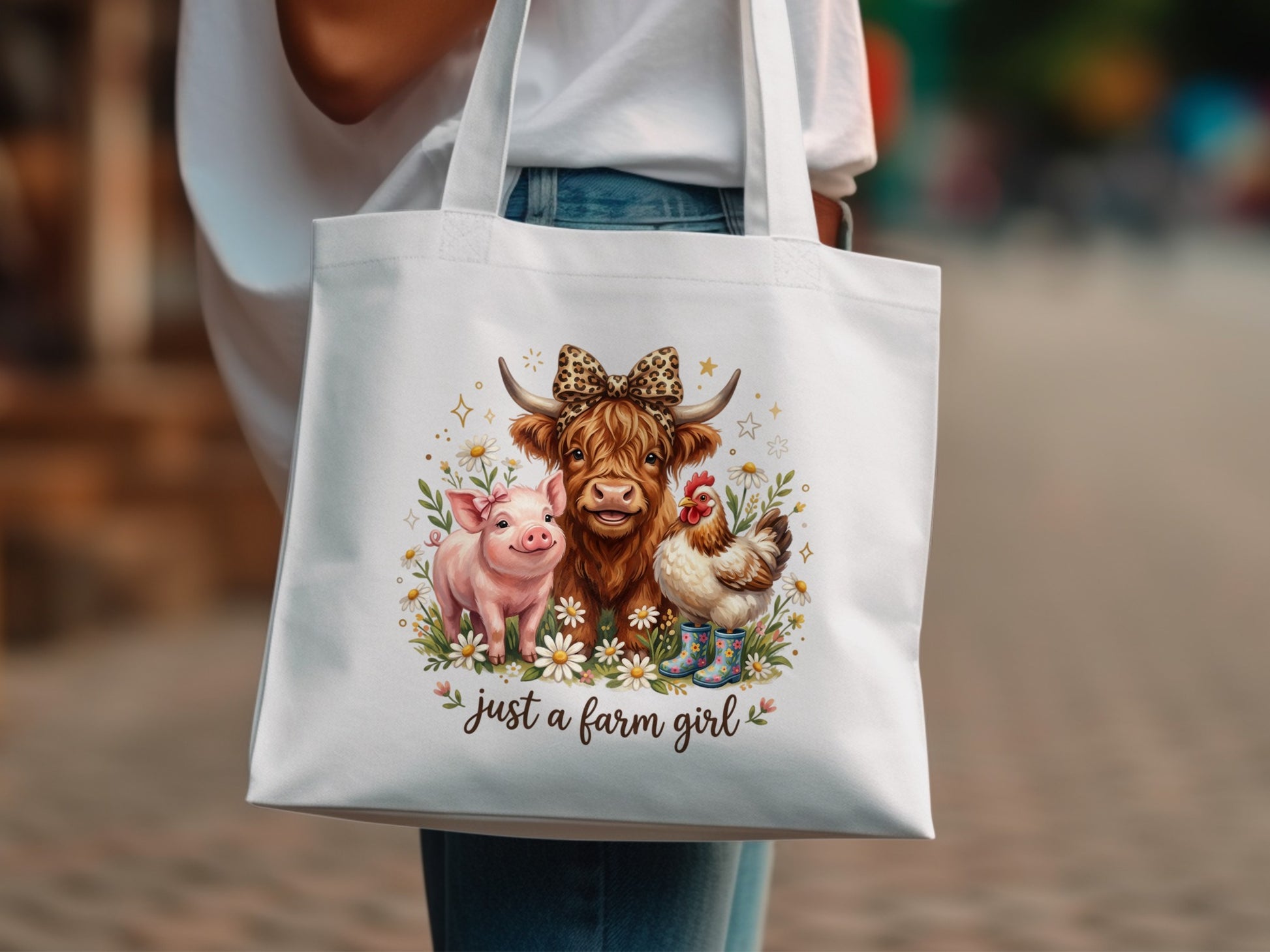 Tote bag with pig, cow wearing bow, and chicken with boots.