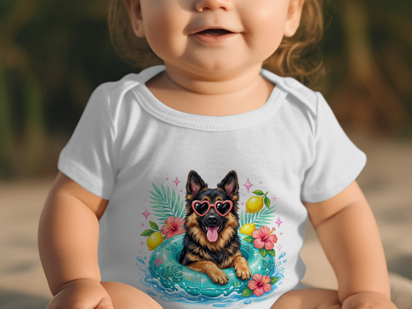 Baby wearing white bodysuit with German Shepherd wearing sunglasses on inner tube graphic.