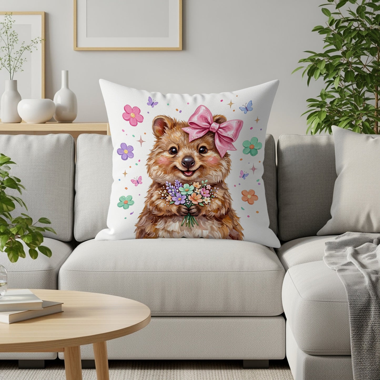 Quokka wearing a pink bow holding a bouquet of flowers on a couch.