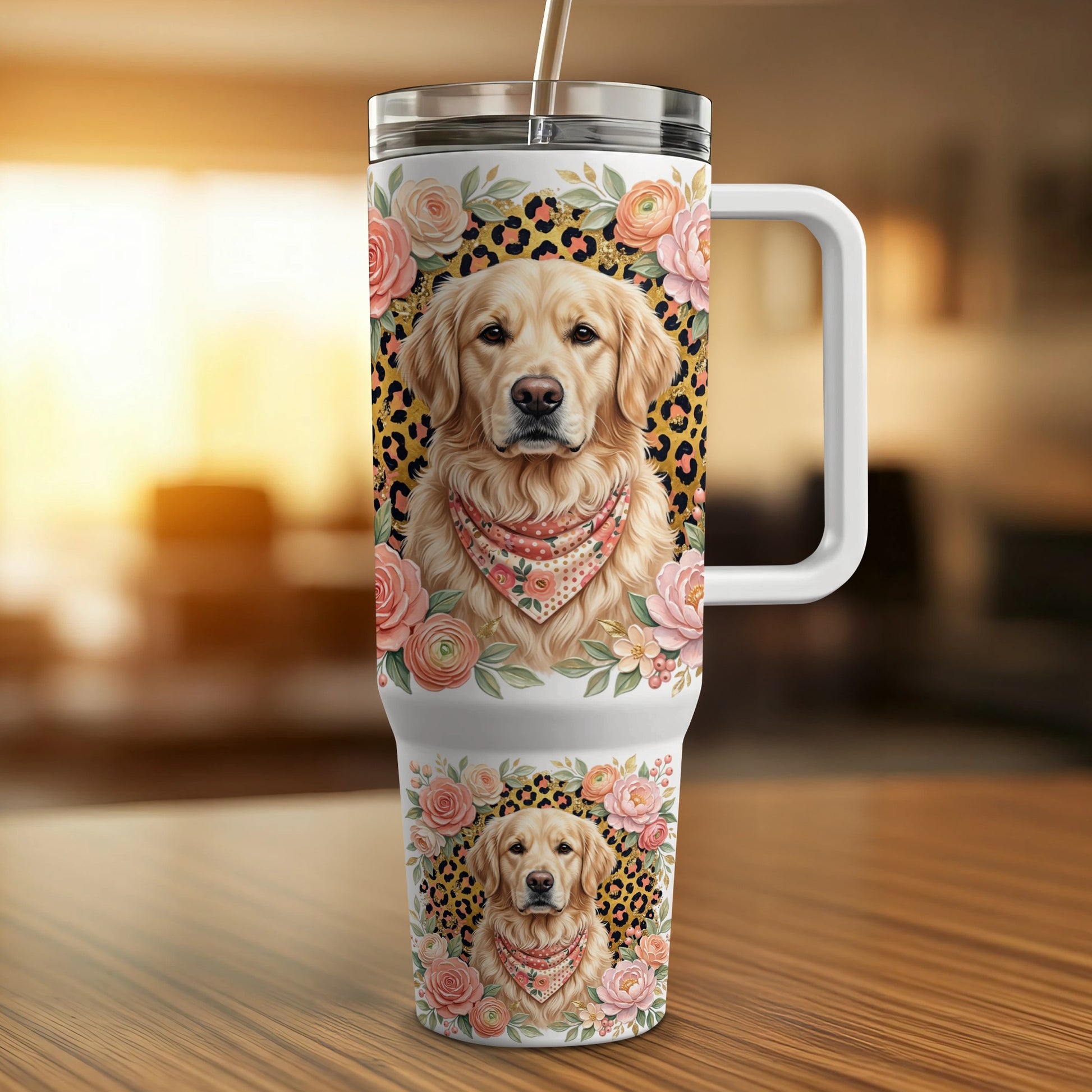 Golden Retriever dog with floral and leopard print pattern on tumbler.