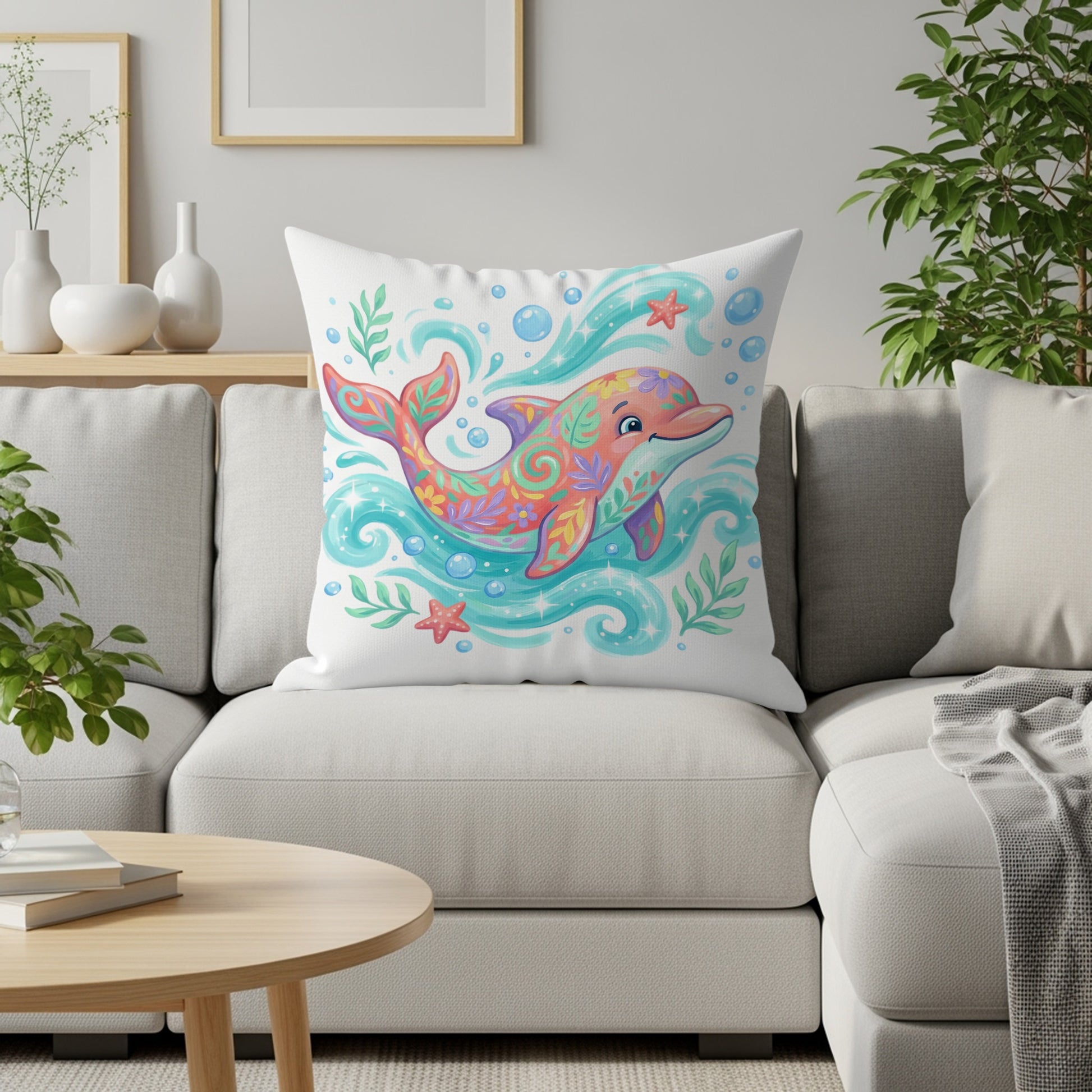Decorative pillow with a colorful, patterned dolphin and stars on a couch.
