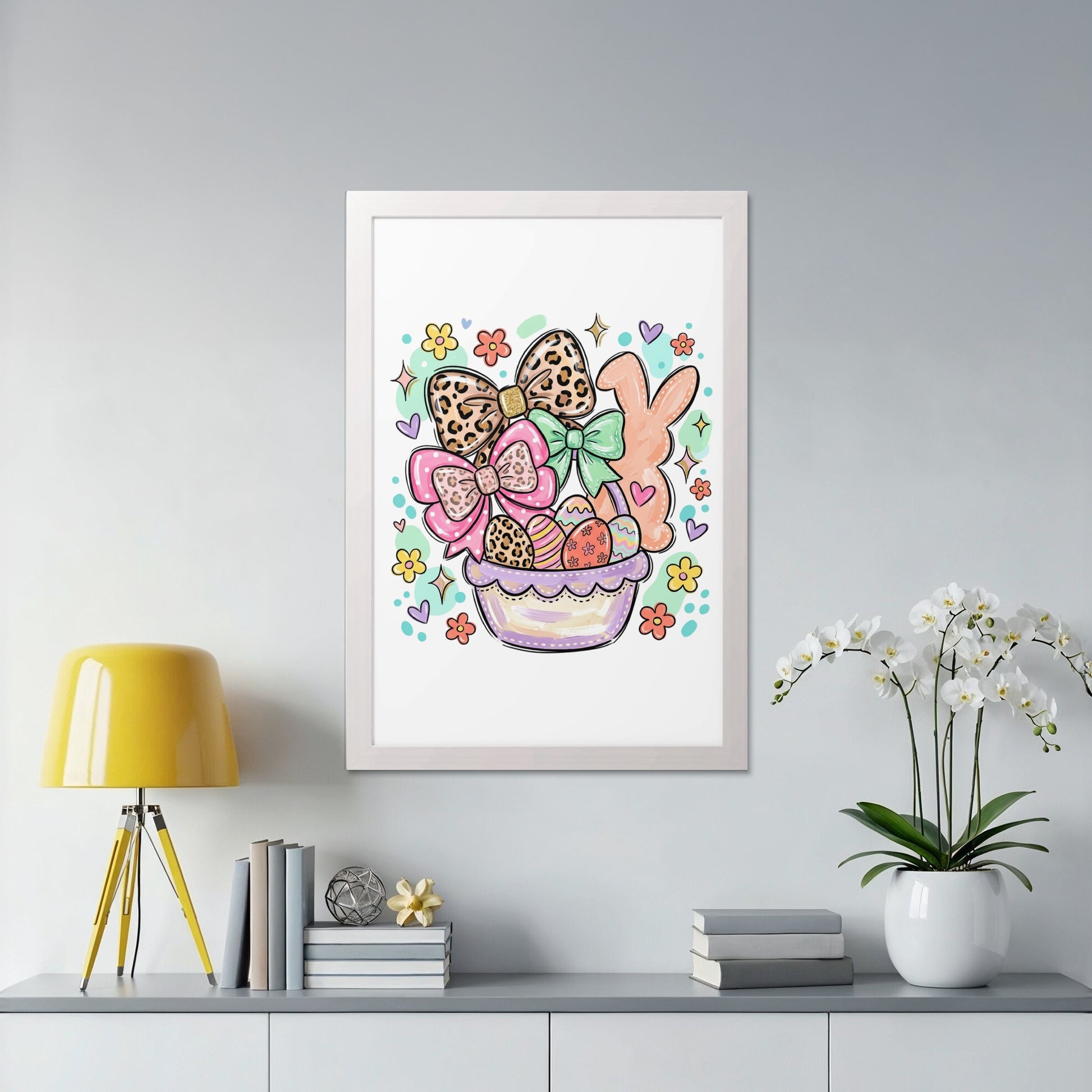 Easter basket filled with colorful eggs, bows, and a bunny illustration.