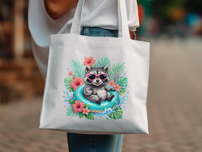Raccoon wearing sunglasses relaxing in a pool float surrounded by flowers.