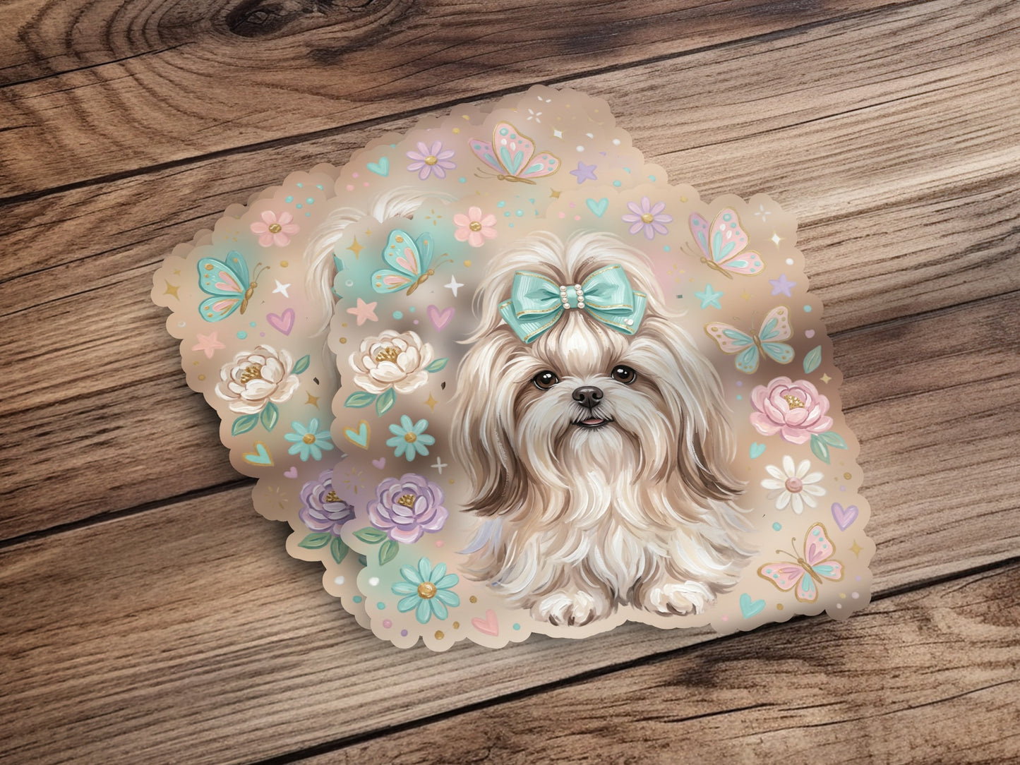 Shih Tzu dog with pastel butterflies and flowers.