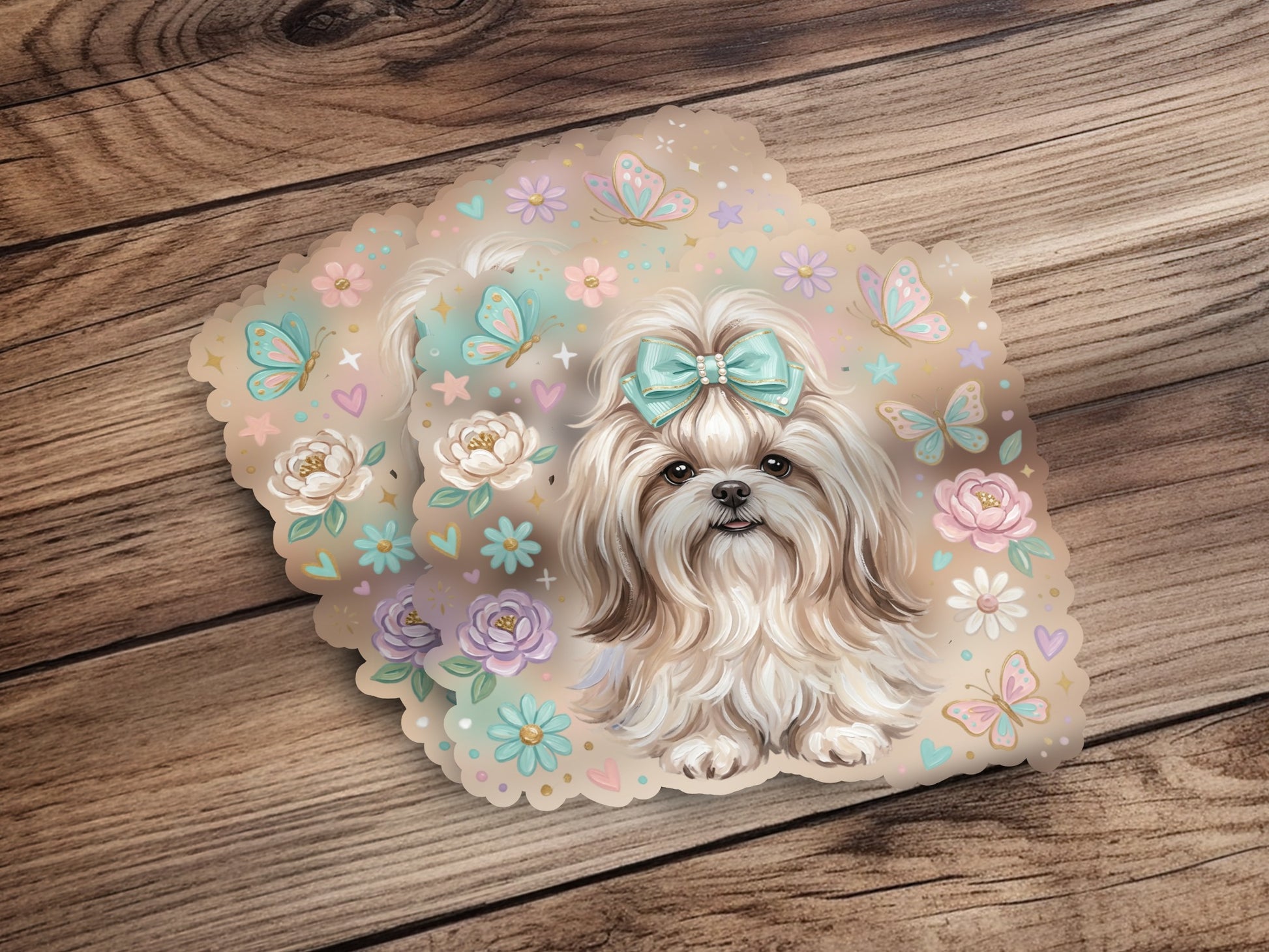 Shih Tzu dog with pastel butterflies and flowers.