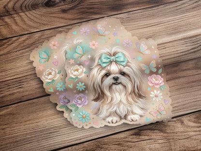 Shih Tzu dog with pastel butterflies and flowers.