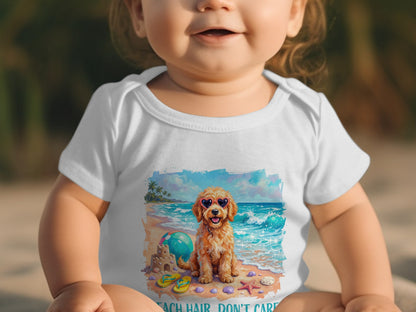 Baby in white bodysuit with a dog wearing heart sunglasses on a beach.