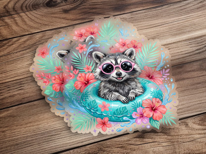 Raccoon in pink sunglasses floats in a turquoise inner tube surrounded by flowers.