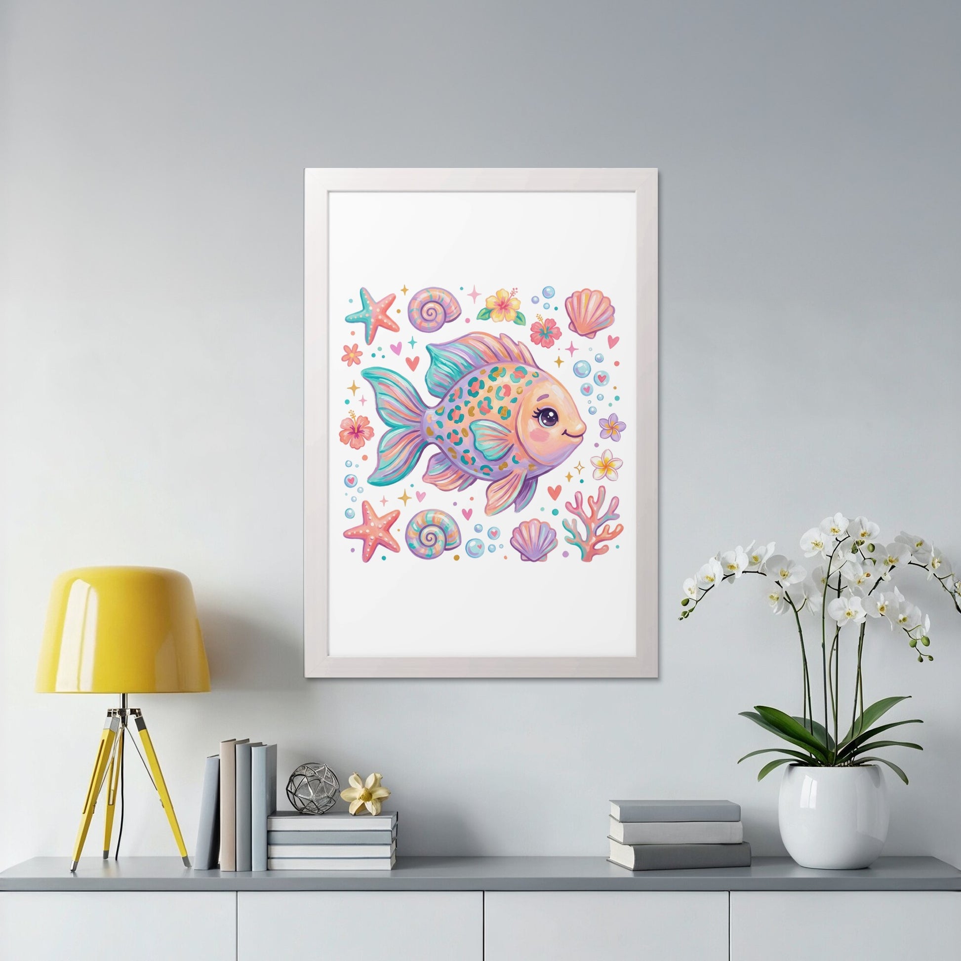 Colorful cartoon fish with seashells and coral in a framed print.