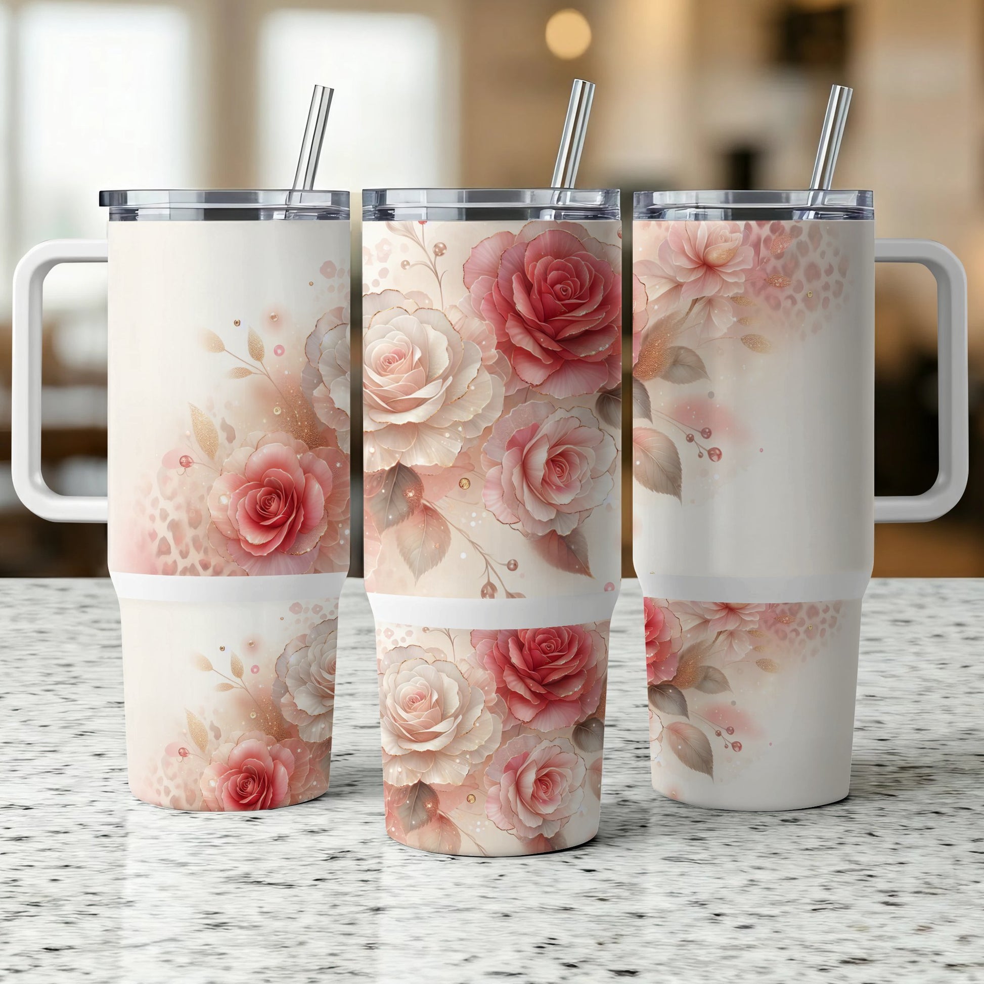 Three tumblers with floral rose designs and handles, featuring glitter accents.