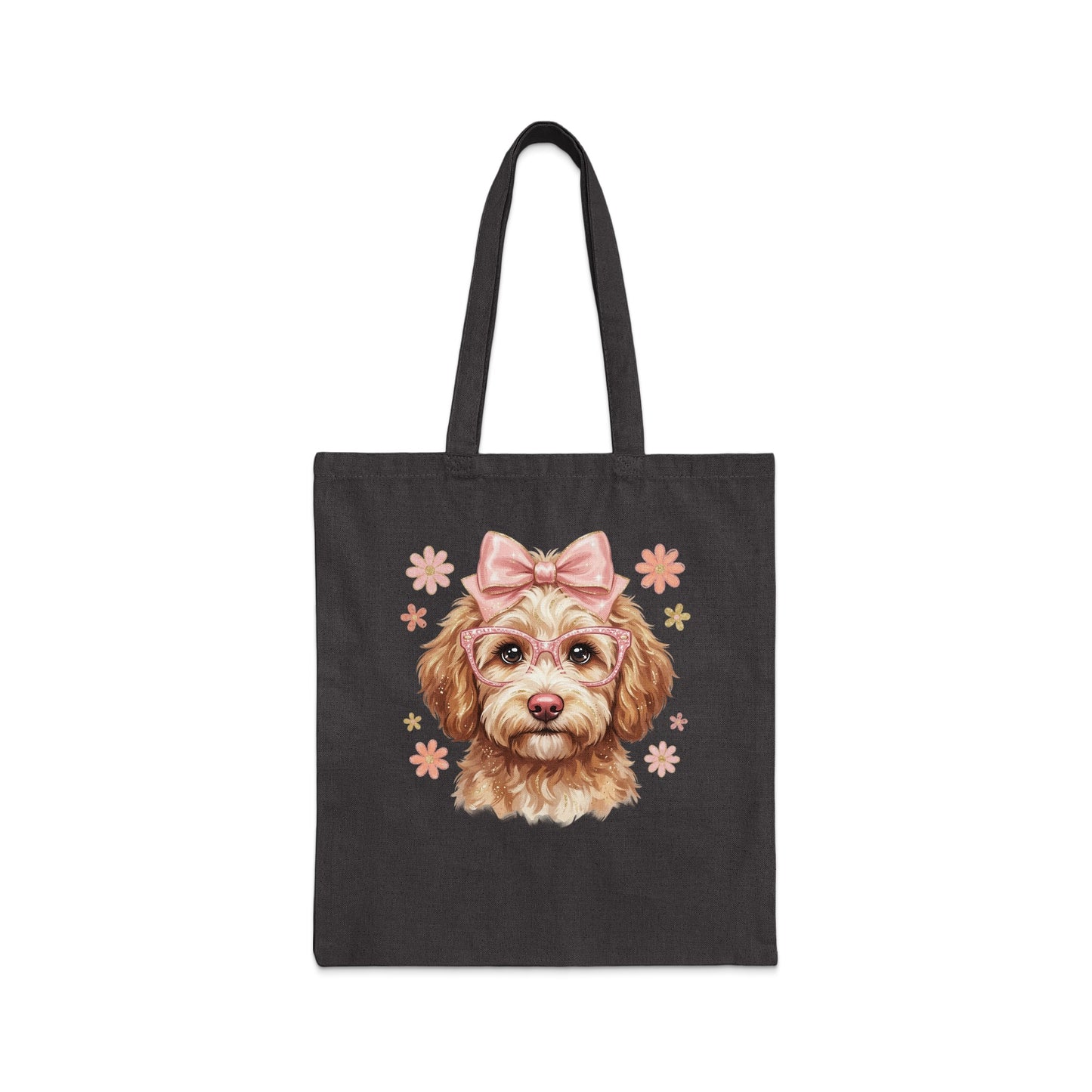 Dark tote bag with a cartoon dog wearing pink glasses and a bow.