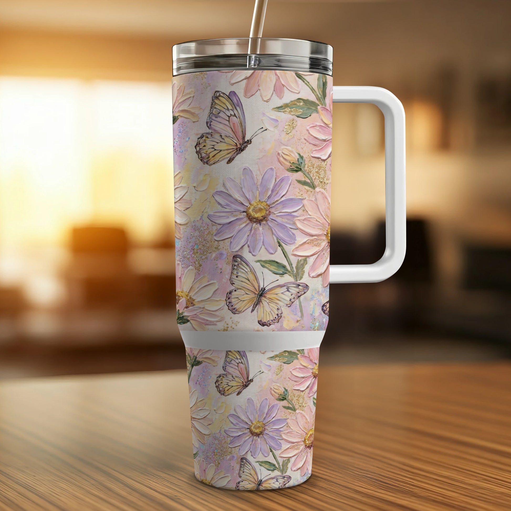 Floral tumbler with butterflies and a textured, painterly design.