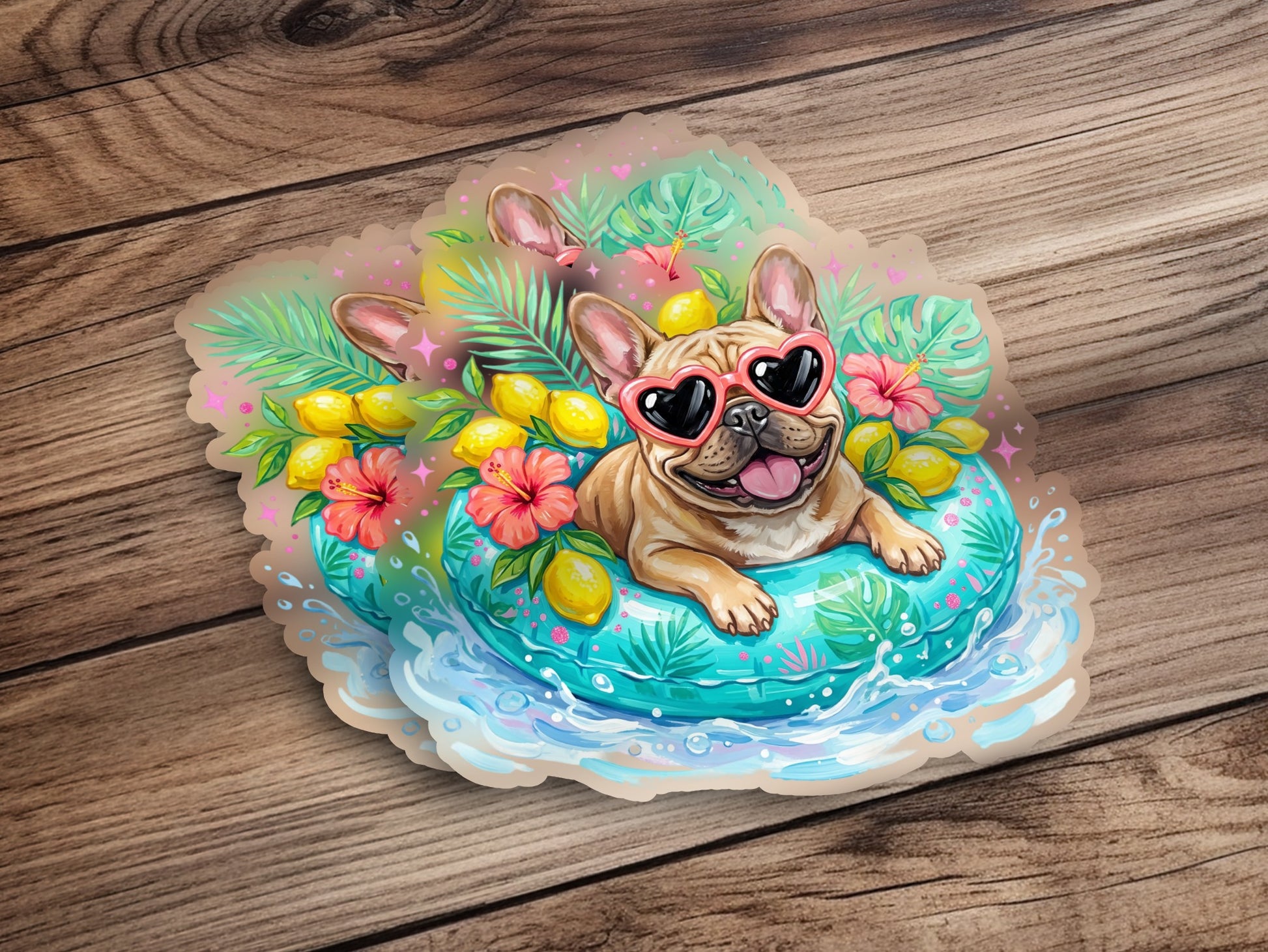 French bulldog wearing sunglasses floats on an inner tube with lemons and flowers.