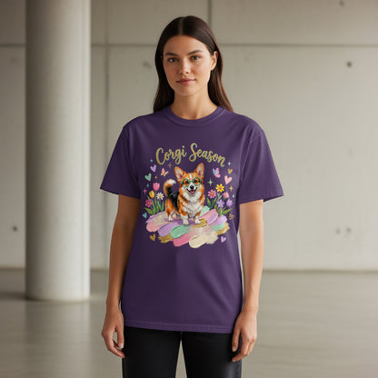 Purple t-shirt with "Corgi Season" text and watercolor corgi illustration.