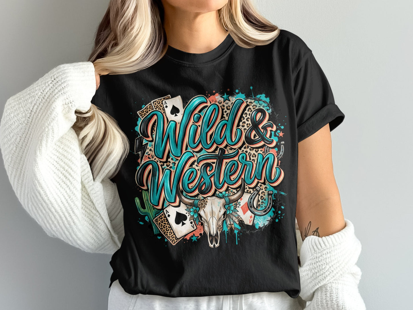 Black t-shirt with "Wild & Western" text and desert-themed graphics.