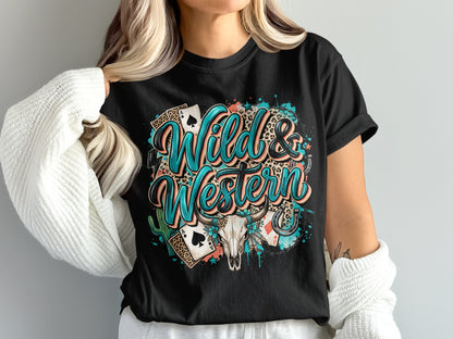 Black t-shirt with "Wild & Western" text and desert-themed graphics.