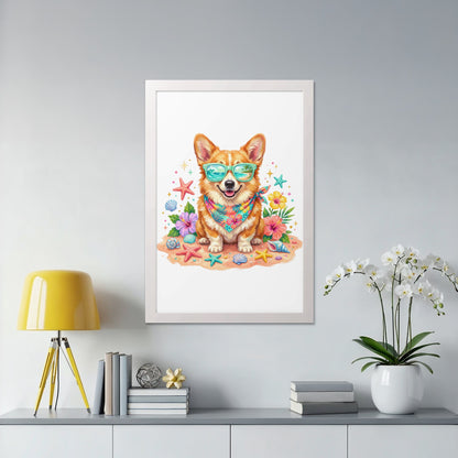Corgi wearing sunglasses and bandana on a beach, surrounded by shells and flowers.