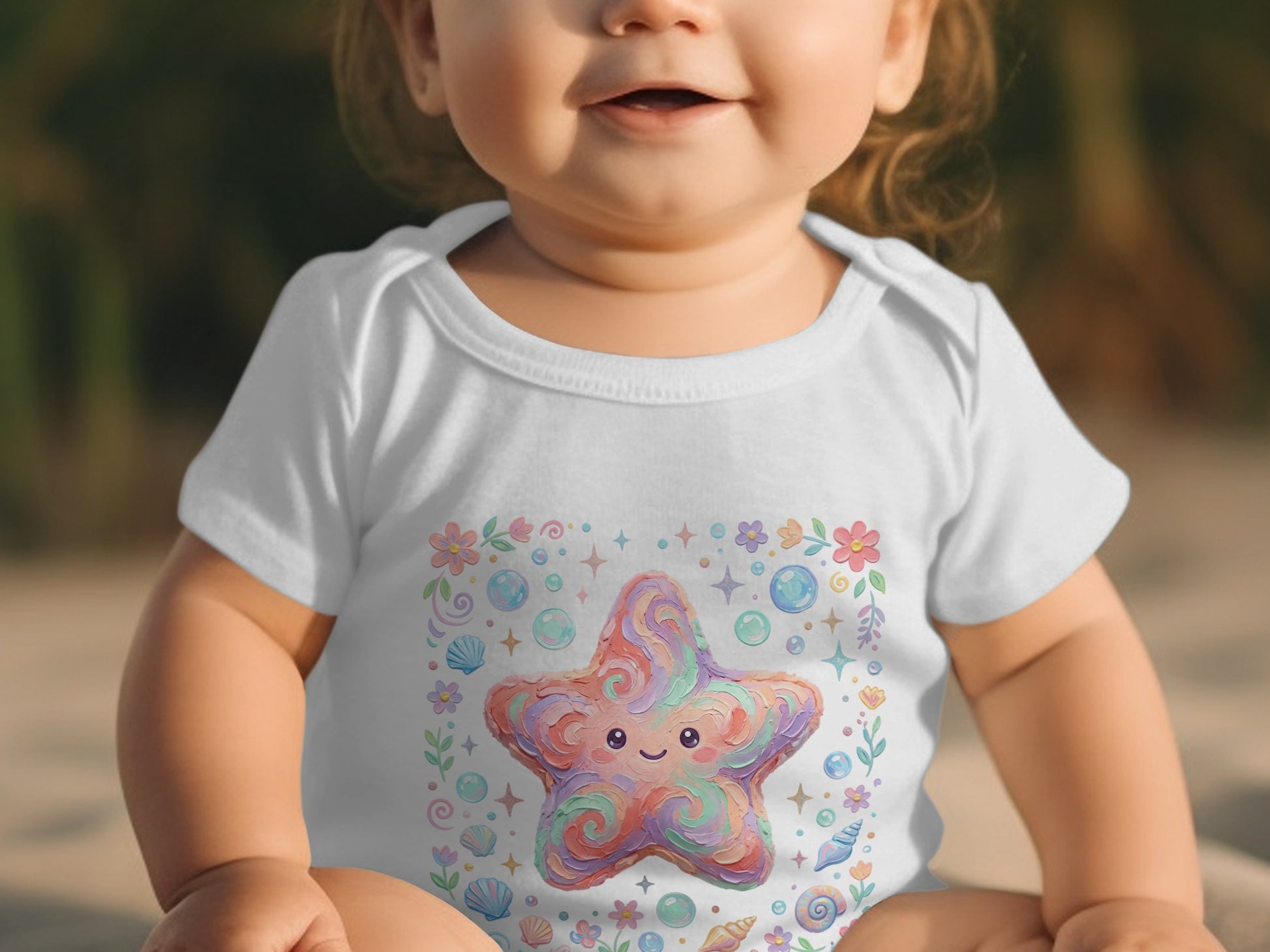 Baby wearing white onesie with colorful smiling starfish and floral border design.