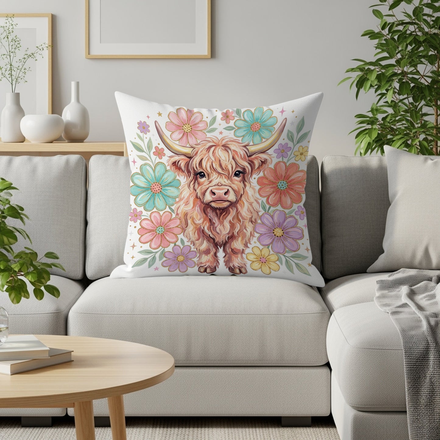 Watercolor Highland cow with colorful flowers on a decorative pillow.