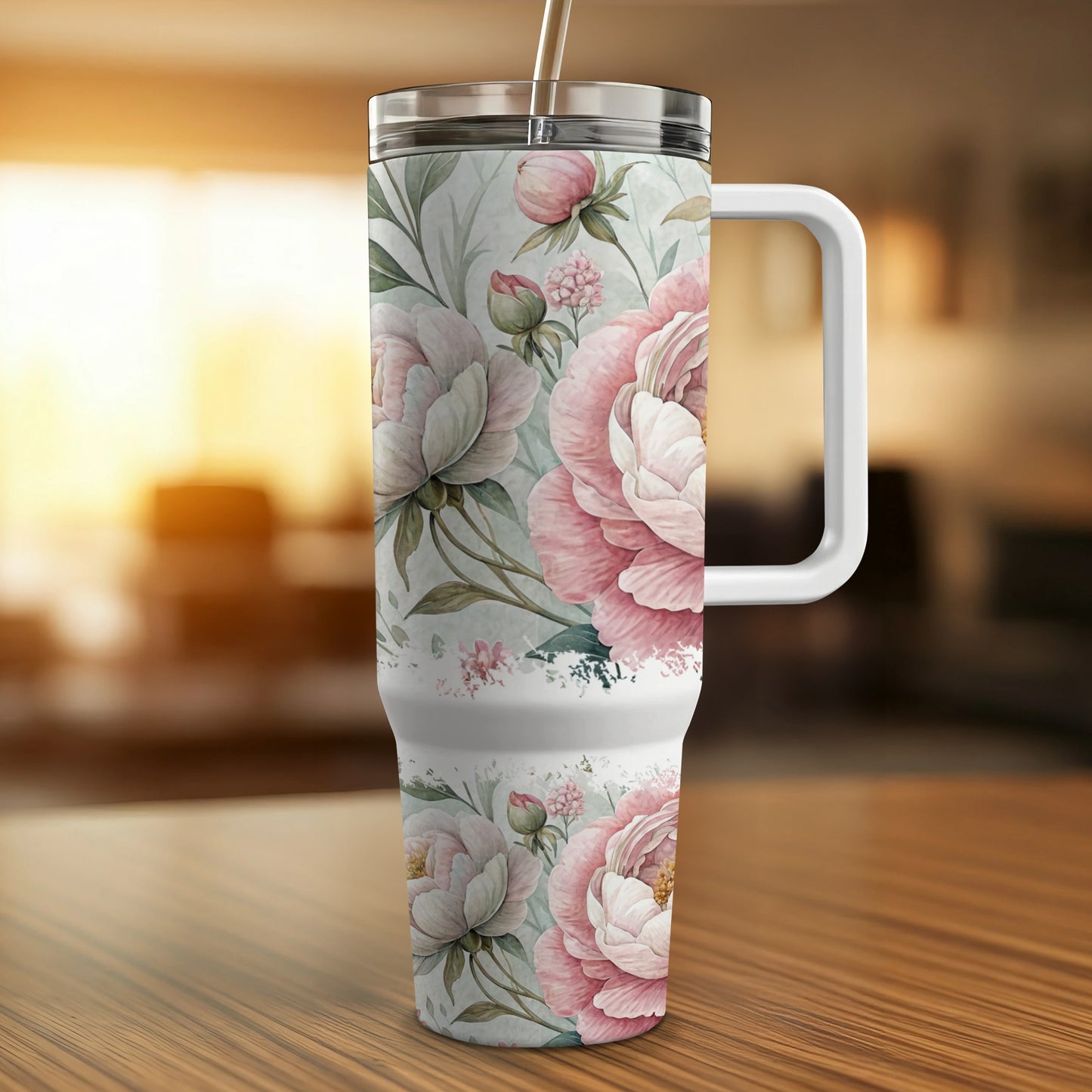 Tall tumbler with white handle and pink floral watercolor design.