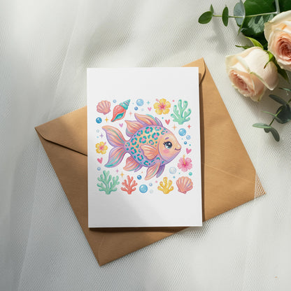 Card with colorful cartoon fish, shells, and coral on a brown envelope.