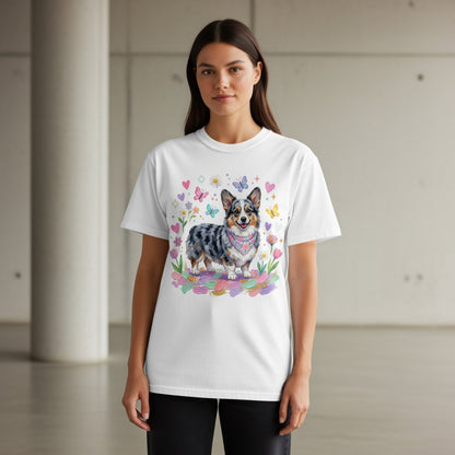 White t-shirt with a watercolor Corgi wearing a pink bandana, surrounded by flowers and butterflies.