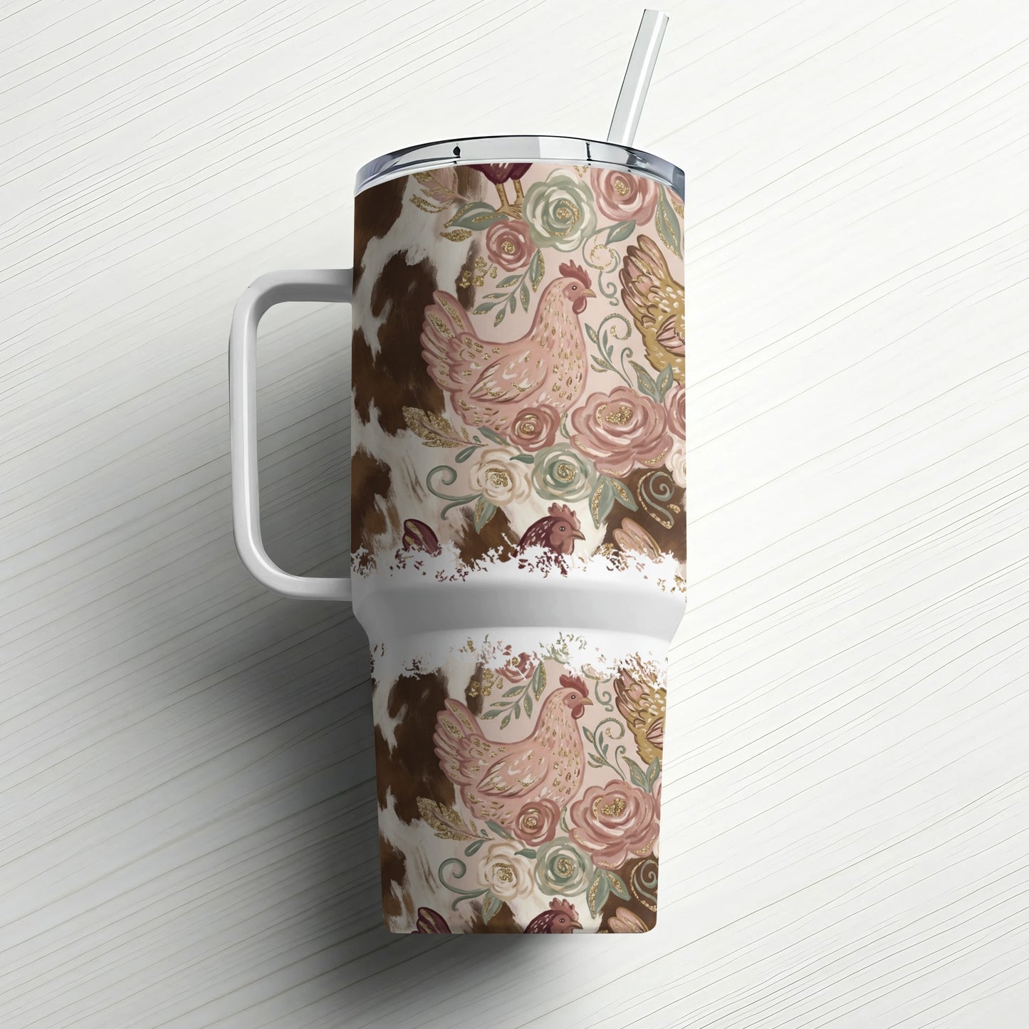 30 oz tumbler with farm animal and floral pattern, white handle, and straw.