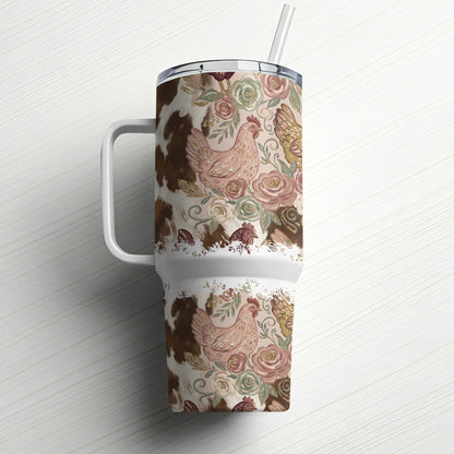 30 oz tumbler with farm animal and floral pattern, white handle, and straw.