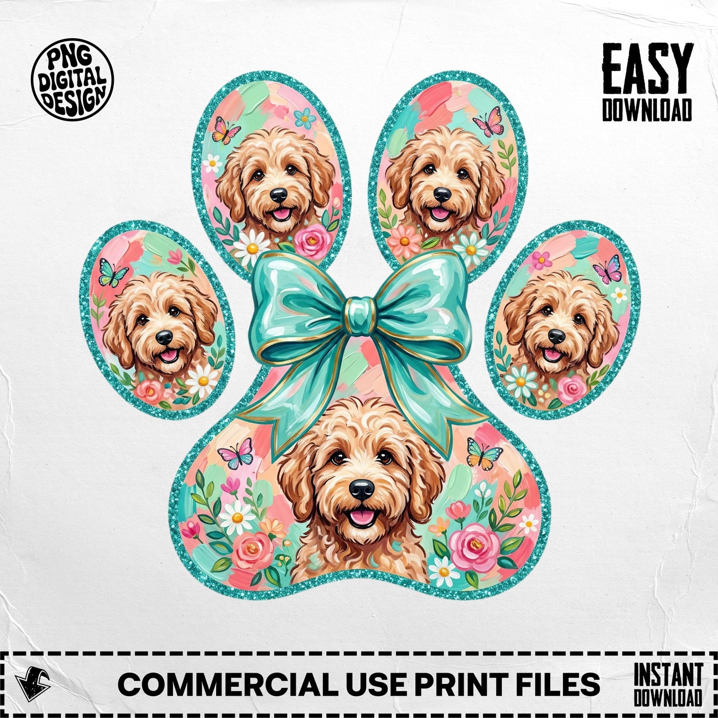 Dog faces in paw print with bow, butterflies, and flowers.