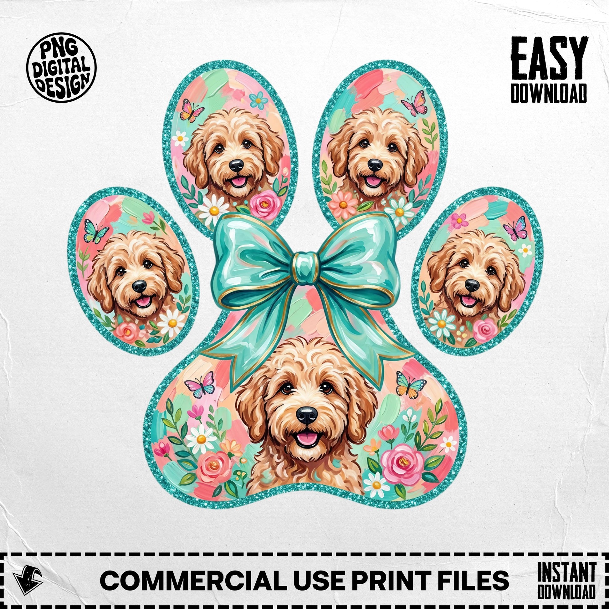 Dog faces in paw print with bow, butterflies, and flowers.