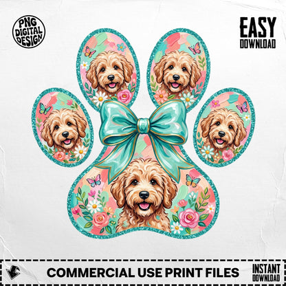 Dog faces in paw print with bow, butterflies, and flowers.