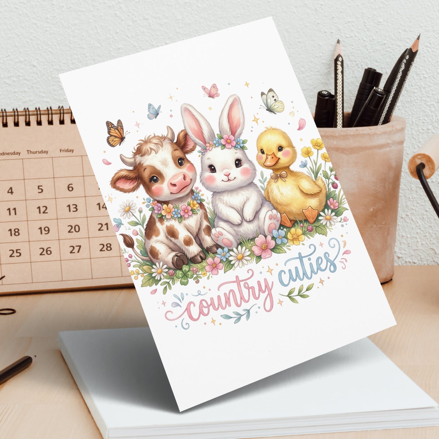 Greeting card with bunny, duckling, calf, and "Country cuties" text.