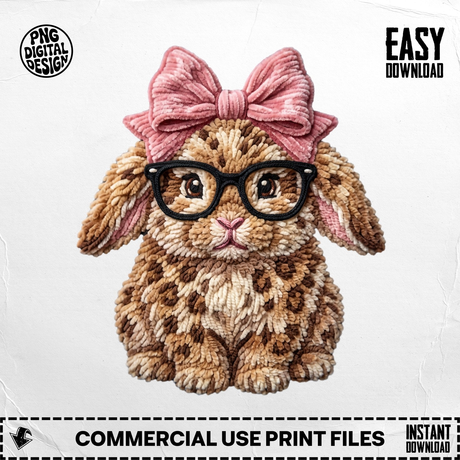 Textured bunny with glasses and pink bow, easy download.