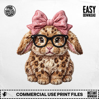 Textured bunny with glasses and pink bow, easy download.