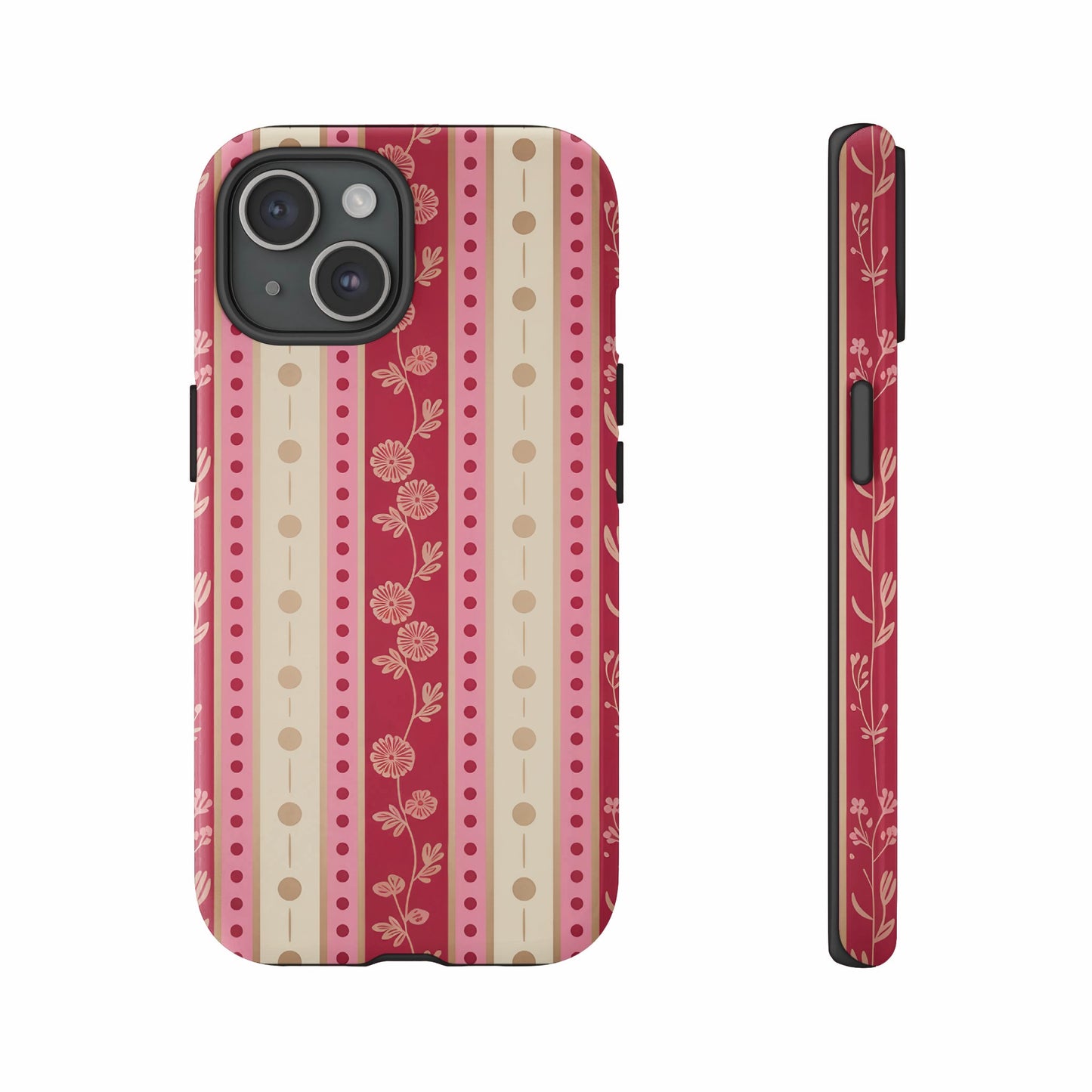 Pink and tan striped phone case with floral pattern, showing front and side views.