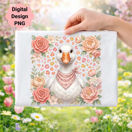 Goose wearing a bandana surrounded by floral elements and soft pink blossoms.