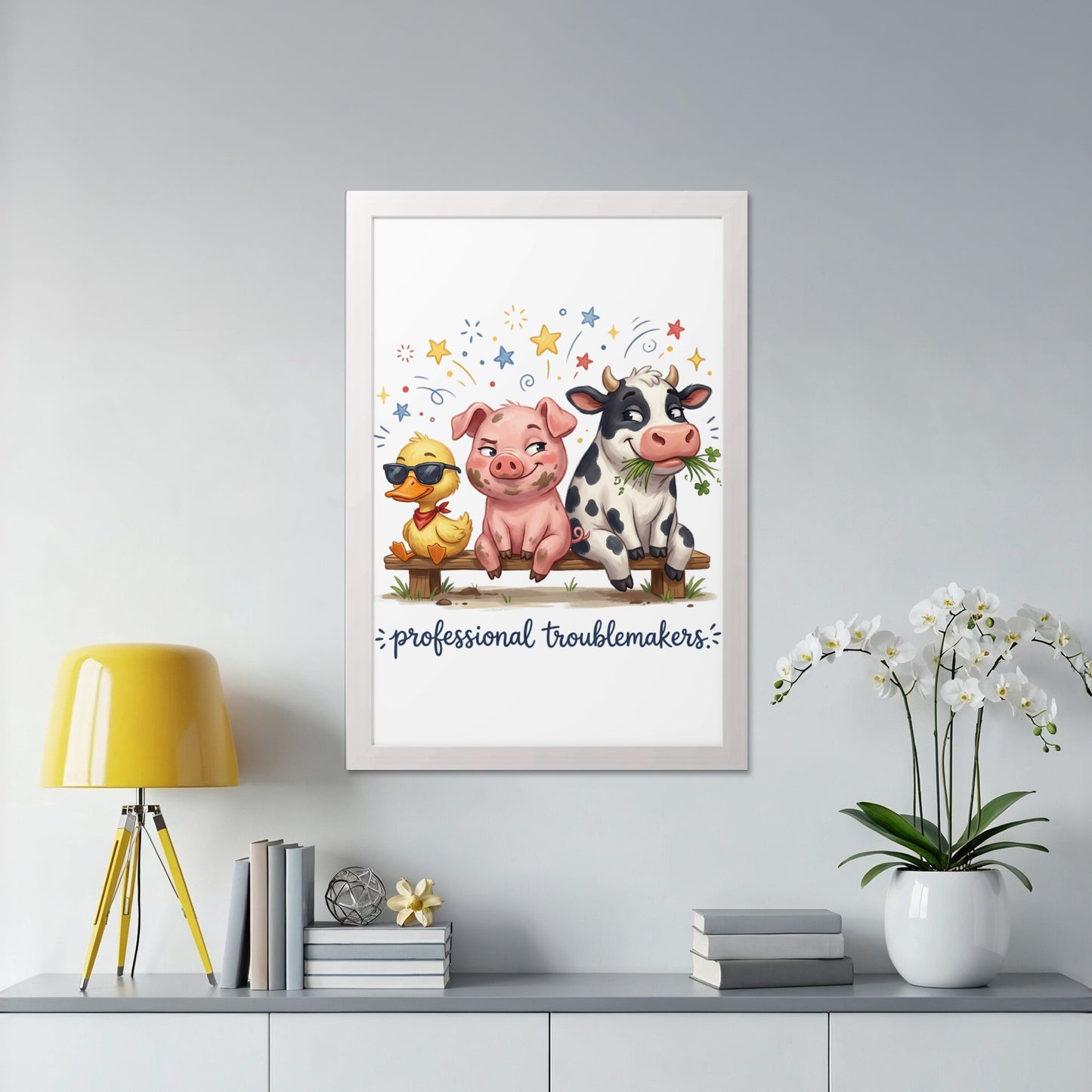 Farm animals: duck, pig, and cow with text "professional troublemakers".