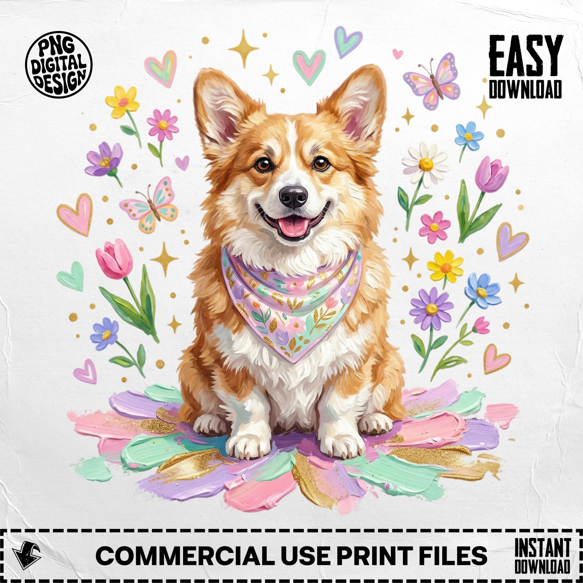 Pembroke Welsh Corgi wearing a bandana, surrounded by flowers and butterflies.