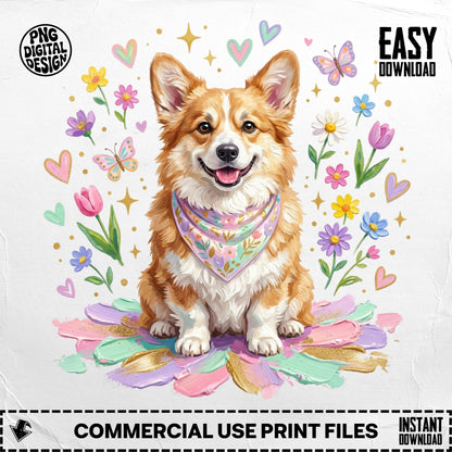 Pembroke Welsh Corgi wearing a bandana, surrounded by flowers and butterflies.