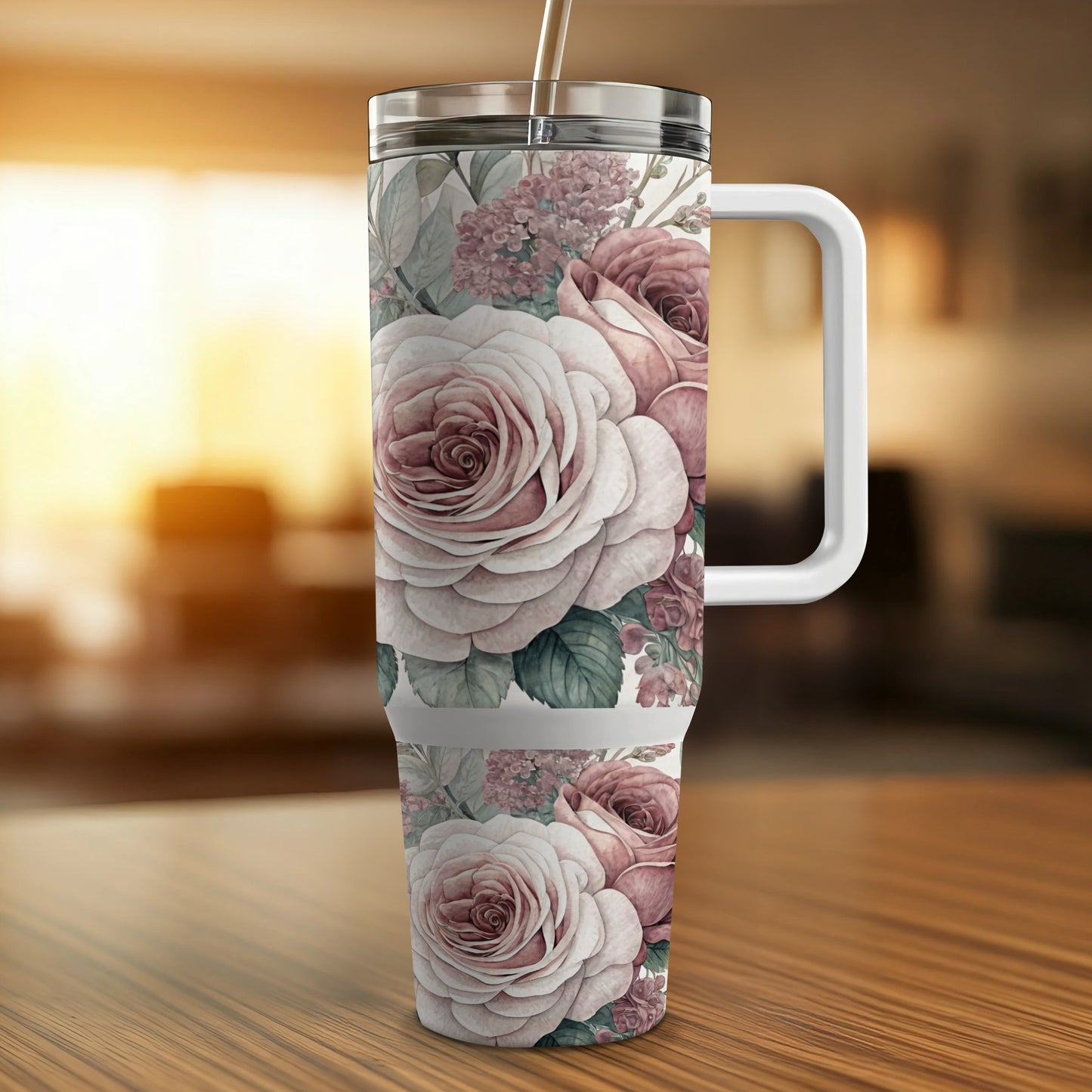 Tumbler with muted pink roses and green foliage design.